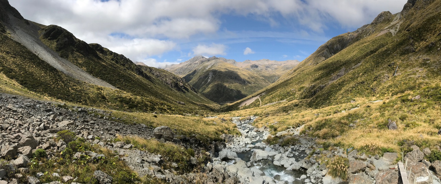 Panorama of the view down the Otira valley from the footbridge on our return in the early afternoon.