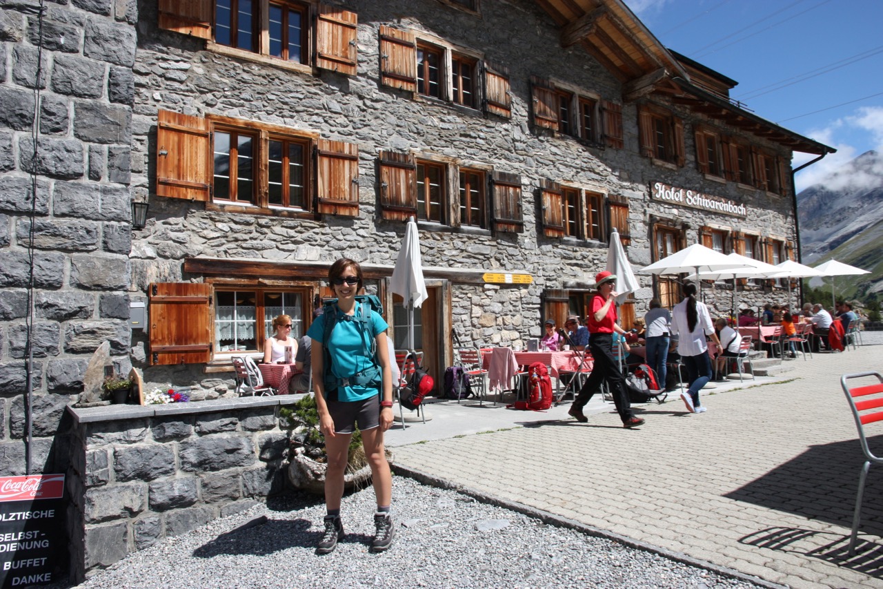 Alex poses in front of Hotel Schwarenbach in the Valais alps.