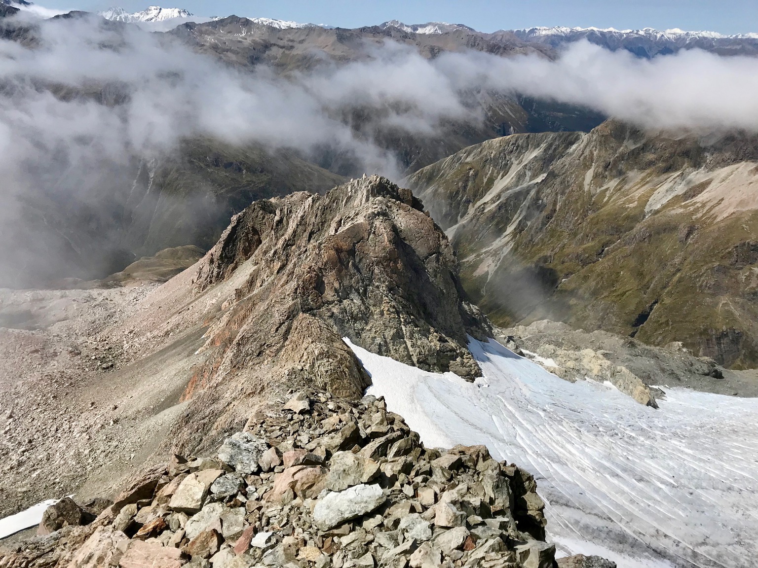 View down the east ridge towards Arthur's Pass, on commencing descent.